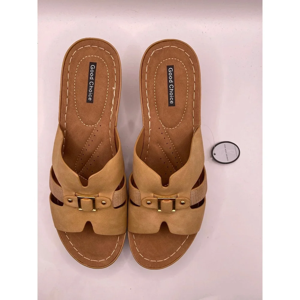 Good Choice Selva Tan Wedge Sandals Gold Buckle Slides Womens 10